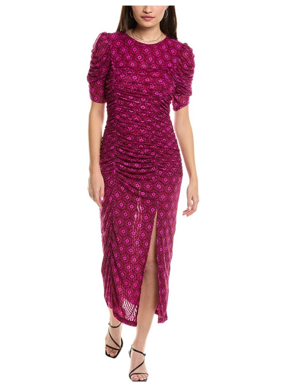 Free People Briella Ruched Magenta Floral Midi Dress with Puff Sleeves NWT